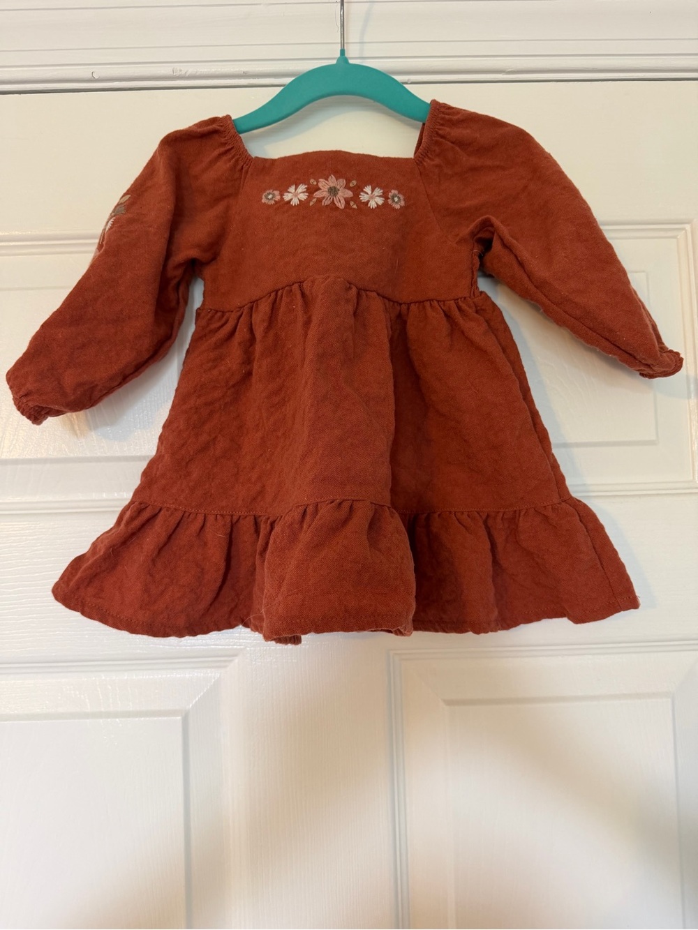 LC Lauren Conrad Rust Long-Sleeve Ruffle Dress with Floral Embroidery
